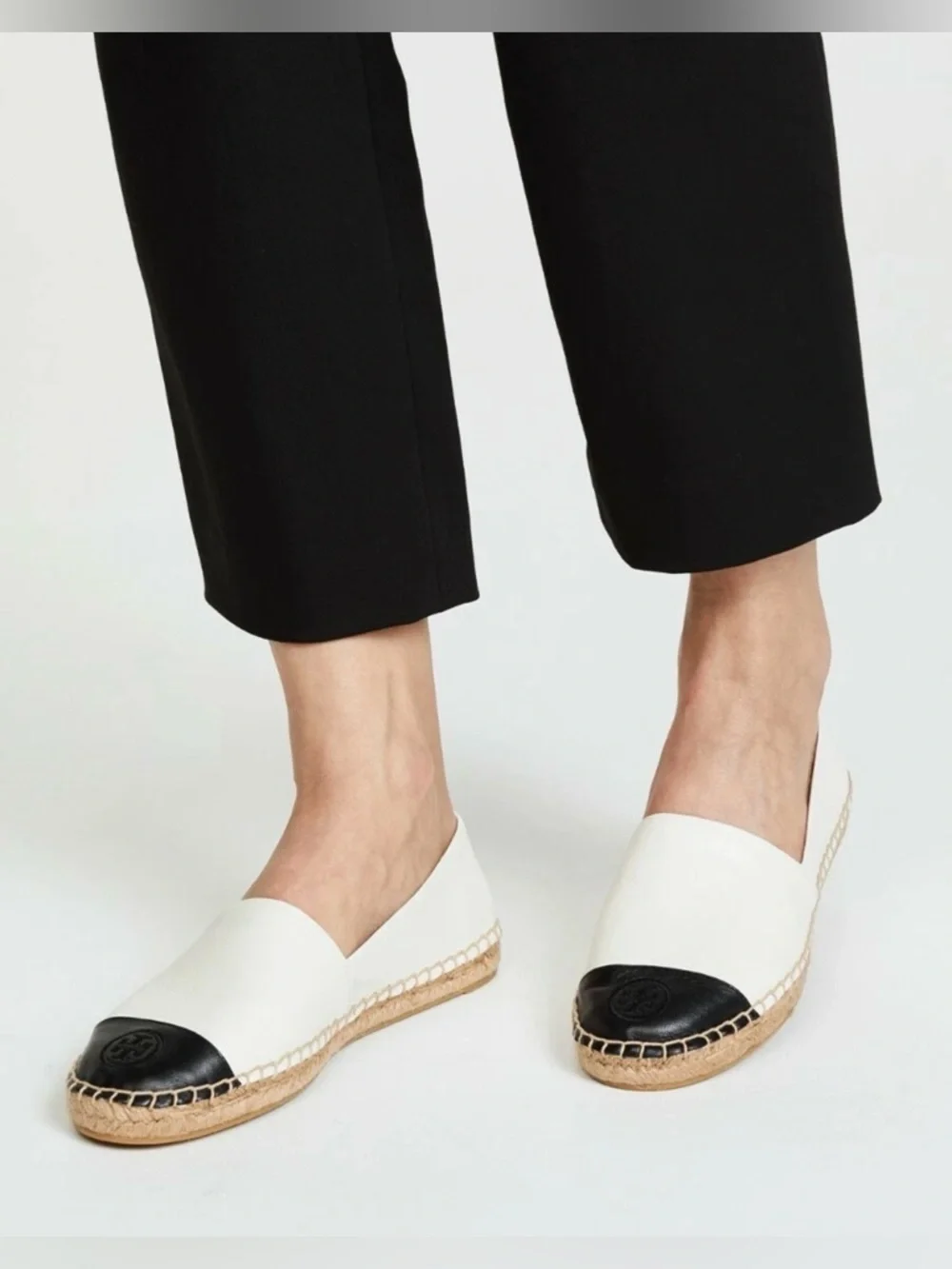 Tory Burch Cream Leather Espadrilles with Black Cap Toe Logo